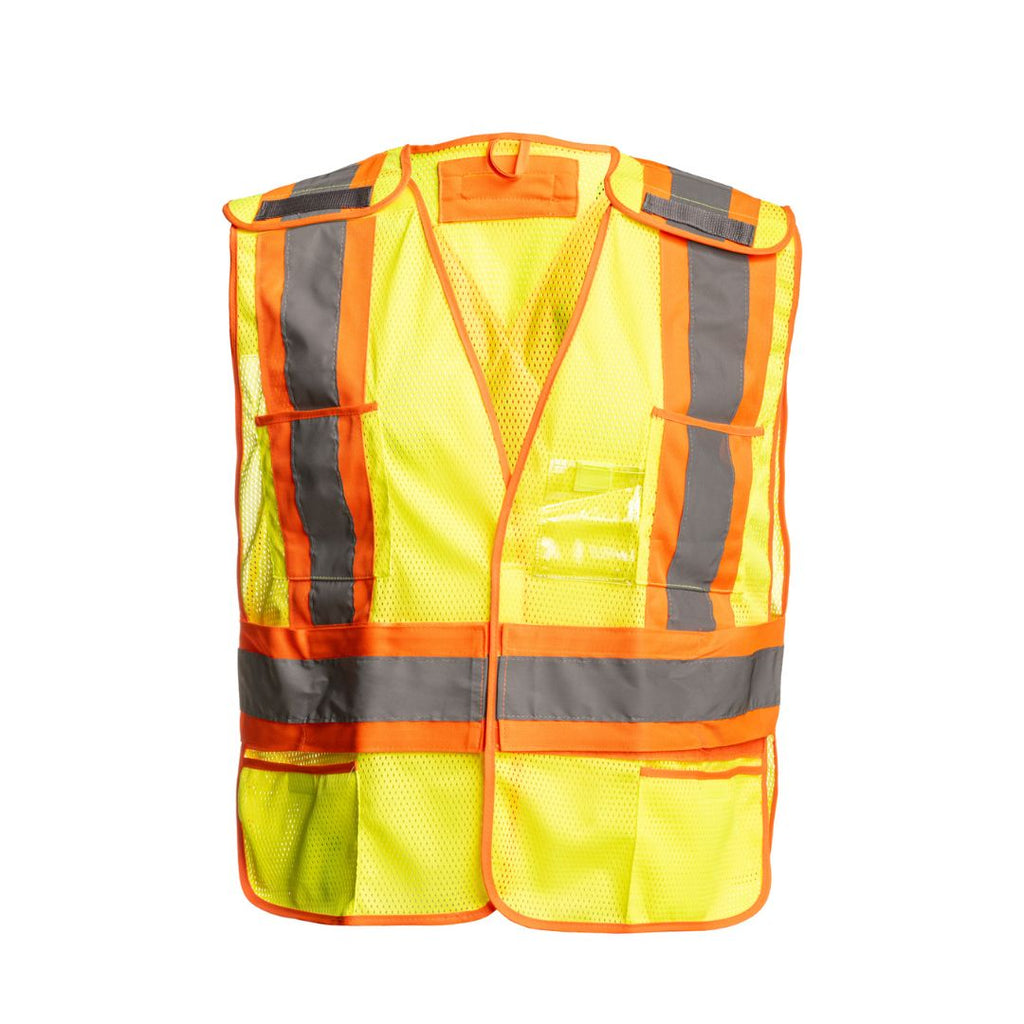 High-visibility traffic vest with reflective stripes on a white background